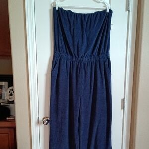 Offline By Aerie : Strapless Navy Wide-Leg Terry Jumpsuit with Pockets